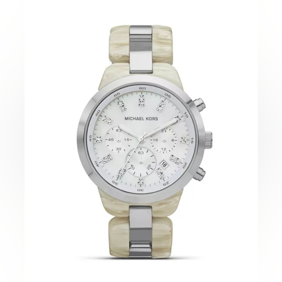Michael KorsMichael Kors Round Silver and White Horn Watch, 43mm - Picture 1 of 10